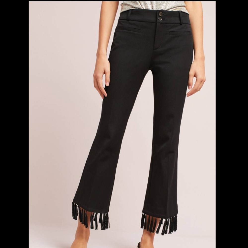 ANTHROPOLOGIE black cropped flare tassel pant